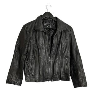 Portrait Black Genuine Leather Jacket Vintage Zip Front Size PL Petite Large